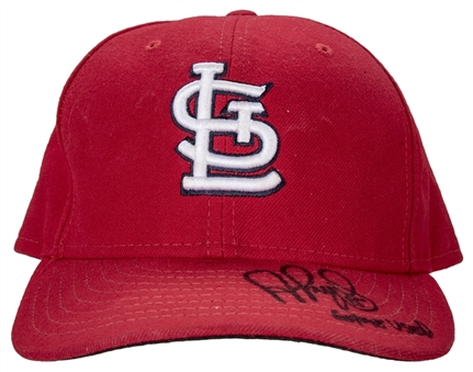 2011 Albert Pujols Game Used, Signed & Inscribed St. Louis Cardinals Red Hat (MLB Authenticated)